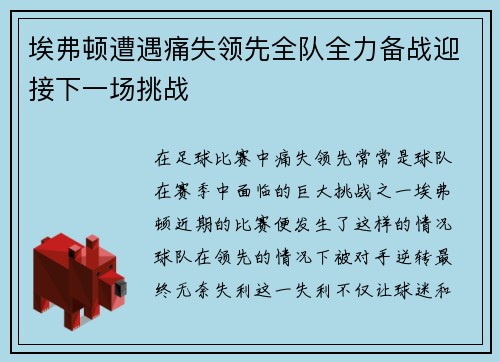 埃弗顿遭遇痛失领先全队全力备战迎接下一场挑战